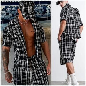 ORTTU Men's Marseille 2 Piece Set Shirt and Shorts Black White Tartan